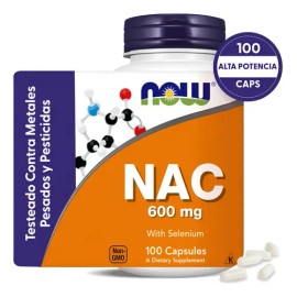 Now NAC Selenium and N-Acetyl Cysteine 600 mg 100 Vegcaps Sin sabor aminoácido que contiene azufre que actúa como estabilizador para la formación de estructuras proteicas y de glutation