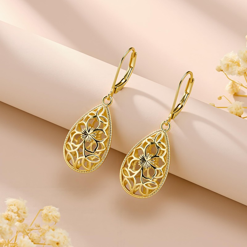 Teardrop Gold Filigree Leverback Dangle Earrings for Women Trendy Gifts