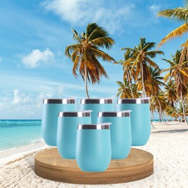 Le Vincent Stainless Steel Wine Tumbler 6 pack Double Wall with Straw and Lid, Stemless Insulated Wine Tumblers Set, 12oz Travel Coffee Cups Drinkware for juice, wine, champaign Pack of 6 (Mint Green)