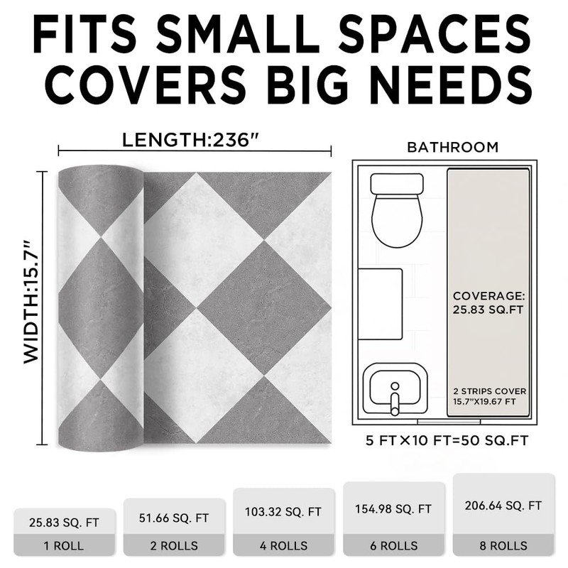auxua Peel and Stick Floor Tile, Grey Checked Pattern Continuous