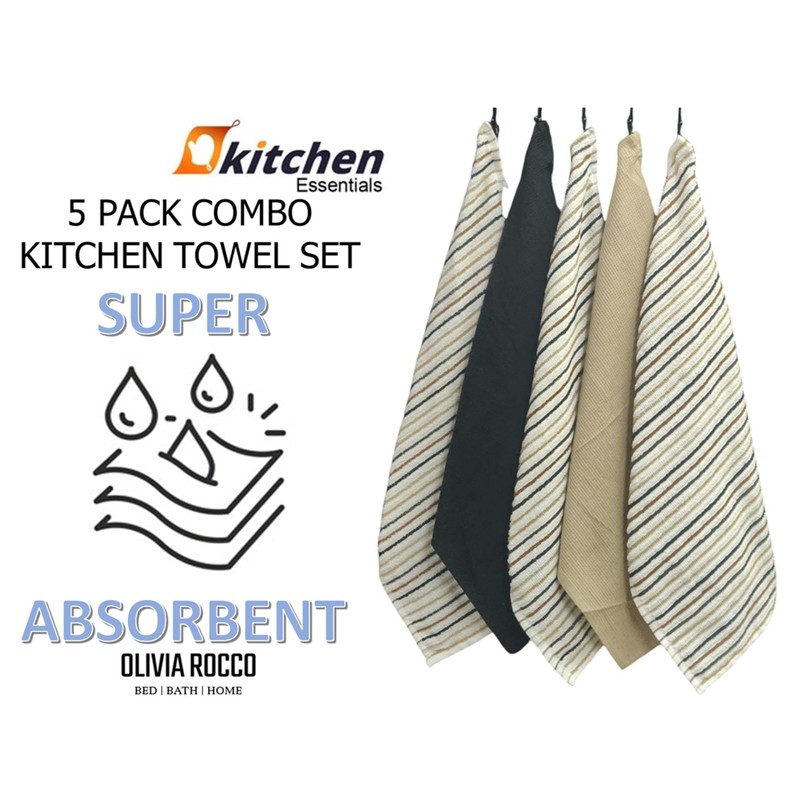 Olivia Rocco 5 Pack Striped Kitchen Tea Towels Cotton Super