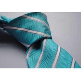Frederick Thomas aqua turquoise and white stripe tie with signature floral design to rear