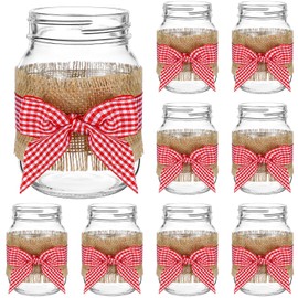 Gandeer 9 Sets 12 Pcs Picnic Party Centerpieces for Table Mason Jar Table Centerpieces with Red and White Gingham Ribbon Burlap for Picnic Pizza Farmhouse Wedding Birthday Party BBQ Baby Shower Decor