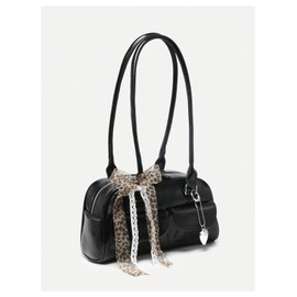 QWINEE Women's Y2K Leopard Print Bow Lace Shoulder Bag Zipper Double Handle Underarm Purse Retro Trendy Purses Black One-Size