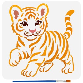 FINGERINSPIRE Small Tiger Stencil with 1 Piece Plastic Brush 30 x 30 cm Cute Small Tiger Drawing Stencil Animal Motif Template for Painting on Walls Wooden Furniture DIY Home Decoration