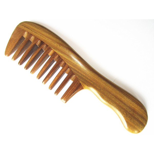 Myhsmooth G8sp-2w-wt Wide Tooth Wood Handmade Natural Green Sandalwood No Static Comb with Wavy Handle with Aromatic Scent for Detangling Curly Hair and Gift(7.4")