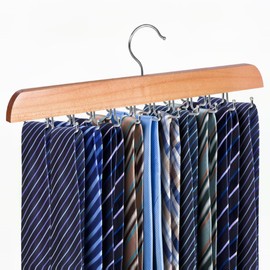 Cycleacc Tie Rack Hanger for Closet, 2 in 1 Belt Tie Hangers with 20 Folding Hooks, 360 Degree Rotating Wooden Tie Holder Organizer for Men Ties Belts Scarves Tank Tops Accessories, Wood (1 Pack)