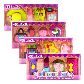 BAZIC 3D Erasers, Princess Dress Up Pencil Erasers Mini Erasers (4/Pack), 4 Pcs Total for Bulk Prizes, Treasure Prize Box, Classroom Must Haves