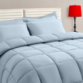 TAIMIT Light Blue Full Size Comforter Set - 7 Pieces, Bed in a Bag Bedding Sets with All Season Soft Quilted Warm Fluffy Reversible Comforter,Flat Sheet,Fitted Sheet,2 Pillow Shams,2 Pillowcases