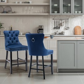 SoarTalent Velvet Upholstered Bar Stools Set of 2 with Back and Wood Legs, Metal Pulling Ring, Armless Counter Height Barstools for Kitchen Island, Pub(Blue)