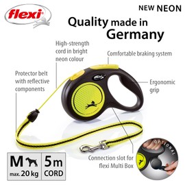 Flexi New Neon Cord Yellow Medium 5m Retractable Dog Leash/Lead for dogs up to 20kgs/44lbs