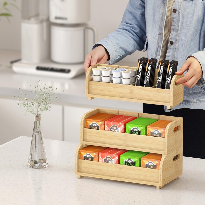 Tea Bag Organizer Storage Holder- Bamboo Countertop Teabag Display Rack