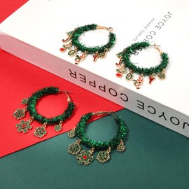 BVGA 2 Pairs Christmas Earrings for Women Green Tinsel Wreath Hoop Earrings Snowflake Candy Cane Joy Dangle Earrings Holiday Party Costumes Jewelry Accessories Gifts