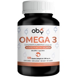 OBY Omega 3, 120 softgels de 1300 mg. Aceite Salmon Salvaje Puro Alta concentracion: Omega 3 1000 mg + DHA y EPA. Sin sabor y sin Olor