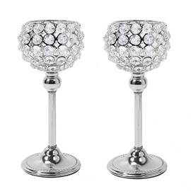 Silver Crystal Beaded Candle Holders Set of 2 Bling Tea Lights Candle Holder Candle Stick Holder Dining Table Centerpiece Table Decorations Living Room Fireplace Mantle Home Decor (Silver, 2pcs 10")