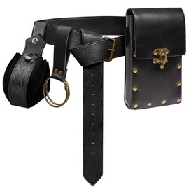 Belt Pouch Waist Bag Fanny Pack Steampunk Phone Holder Medieval Bag Leather Belt Renaissance Cosplay Costume Accessories (2Pouch-Black)