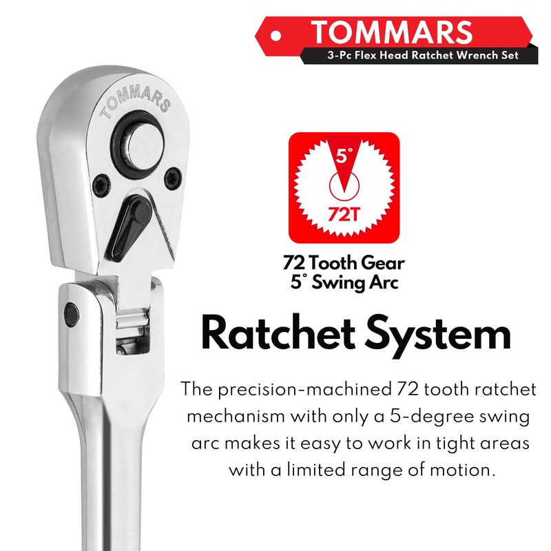 TOMMARS Flex-Head Ratchet Set, 1/4", 3/8", 1/2" Drive Flexible Ratchet