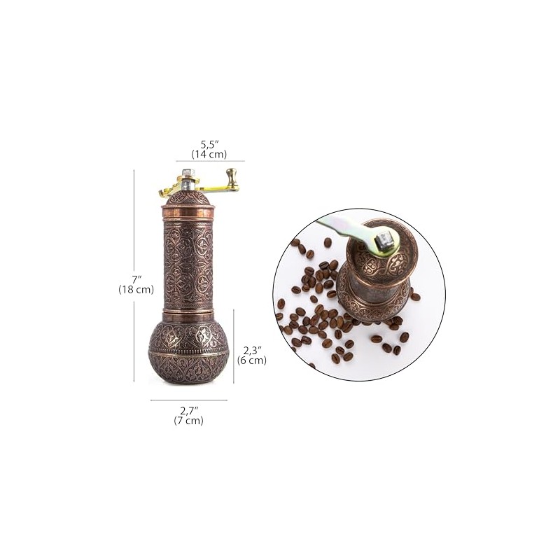 Glios Decorative Handmade Coffee Grinder, Refillable Turkish Spice Mill, Manual