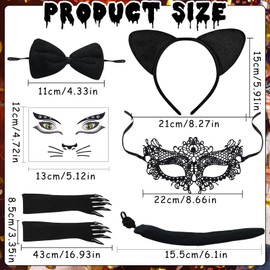 Pack of 6 women's cat costumes, cat ears headband, cat costume, women's cat costume with cat tail, lace eye mask, gloves, stickers for carnival, costume party, cosplay