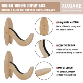 XUXIAKE Wooden Surfboard Wall Mount with Rubber Protection - 15 kg Capacity, Universal Fit for All Surfboard Types, Indoor/Outdoor Use