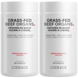 Codeage Grass Fed Beef Organs Supplement – Glandulars Supplements - Freeze Dried, Non-Defatted, Desiccated Liver, Heart, Kidney, Pancreas & Spleen Bovine Capsules - 2 Pack