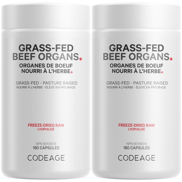 Codeage Grass Fed Beef Organs Supplement – Glandulars Supplements - Freeze Dried, Non-Defatted, Desiccated Liver, Heart, Kidney, Pancreas & Spleen Bovine Capsules - 2 Pack