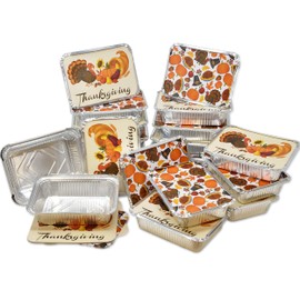 Gift Boutique 36 Thanksgiving Tin Foil Containers with Lid Covers For Cookies in 2 Harvest Designs Autumn Aluminum Disposable Food Storage Pans for Fall Treat Goodies Party Leftover 5"W X 7"L X 1.5"