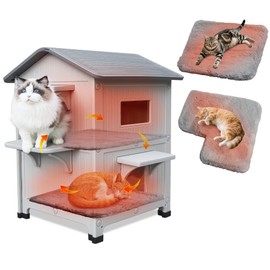 Rockever Plastic Outdoor Cat House with Soft Mat, Insulated Outdoor Cat Houses for Winter, Waterproof 2 Story Outside Cat Shelter, Clean and Assemble Easily