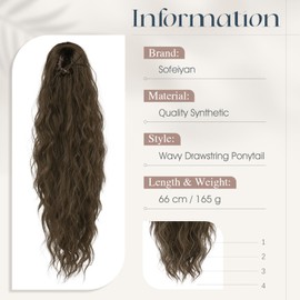 Sofeiyan Wavy Ponytail Hairpiece, 66 cm Long Ponytail Hairpiece with Drawstring Braid Ponytail Hair Extensions, Synthetic Hair Ponytail Extensions for Women, Medium Brown Mixed