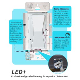Led Dimmer Switch for Dimmable Led Lights,No Neutral Wire Required, Single-Pole/3-Way, Works with Dimmable LED/CFL (150W Max) & Halogen/Incandescent (600W Max) Bulbs - White (2-Pack)