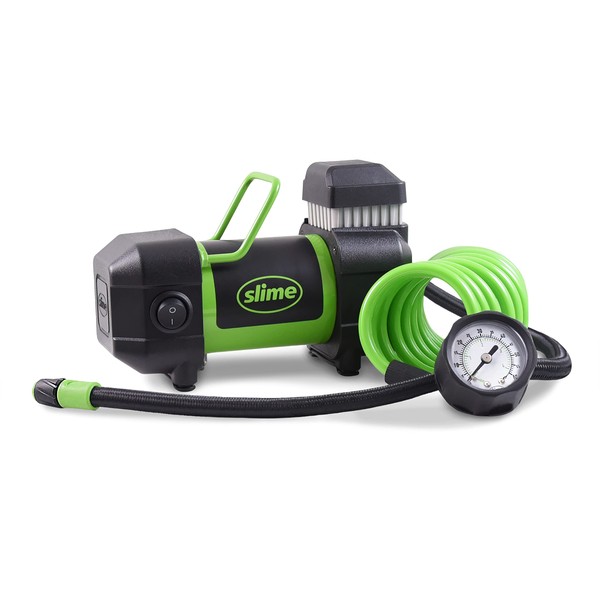 Slime 40030 Tire Inflator, Pro Power, Compact, Portable Car/Light Trucks Air Compressor, with Analog 100 psi Dial Gauge, Long Extended Reach Hose, 12V, 6 min Inflation