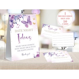 Couples Games Date Night Ideas, Butterfly Bridal Shower Sign and 50 Date Night Cards, Bachelorette Party Games, Wedding Shower Decor, Date Night Idea Cards Bridal Shower, Wedding Gifts for Couples,1