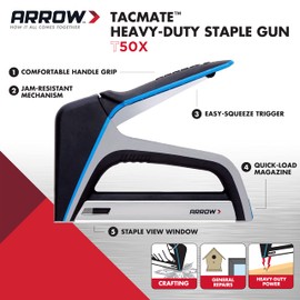 Arrow T50X Heavy-Duty Staple Gun for Upholstery, Furniture, Office, Decorating, Fits 1/4", 5/16”, 3/8", or 1/2" Staples
