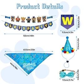 UEBHMIO 4PCS Blue Dog Birthday Party Decorations Supplies, Premium Dog Boy Birthday Outfit, Hat, Bow Tie, Bandana, Lets Pawty Banner for Small, Medium and Large Dogs