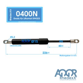 RhedexX® Gas Lift Eye Mount 226 mm/80 mm/50N-450N - Gas Pressure Damper with M6 Joint Eye Length 226 mm, Stroke 80 mm, Force 50N-450N 15/6 (226/80/400N, Steel)