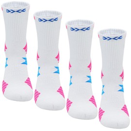 Dress Cici Men's Athletic Cushion Crew Socks, Cushioned Basketball Socks with Color Stripe (2 Pack: 2 White with Rose Red)