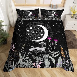 Sun and Moon Galaxy Bedding Set Girls Double Size Constellations Duvet Cover Set for Kids Boys Branches Plants Comforter Cover Boho Exotic Style Black and White Quilt Cover with 2 Pillowcase