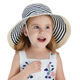 Home Prefer Baby Toddlers Beach Sun Hat Rollable Brim Bowknot Stripe UV Sun Protection Hat for Girls Paper Straw Bucket Hat (US, Age, 14 Years, 18 Years, Navy Blue)