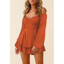 Fixmatti Women's Boho Jumpsuits Lantern Long Sleeve Ruffle Layer Tie Mini Short Chiffon Rompers Brown M