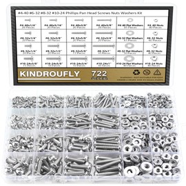 Kindroufly 722 Pieces #4-40#6-32#8-32#10-24, Phillips Pan Head Machine Screws Nuts Assortment Kit, 304 Stainless Steel, Fully Machine Thread