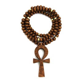 Fashion 21 Egypt Key of Life Ankh Pendant 8mm 36" Wooden Bead Necklace in Black, Brown Tone (Brown/Brown+Gold Wooden Bead)