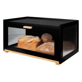 MinBoo Bread Box for Kitchen Counter, Large Bamboo Bread Storage Container with Arcylic Transparent Door, Bamboo Wooden Farmhouse Bread Box，Black
