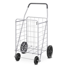 Whitmor Deluxe Utility Foldable Shopping Cart with Wheels, 100 Lb Capacity, Heavy Duty Grocery Cart with Steel Frame, Foam Handle, Rolling Folding Utility Trolley for Grocery, Laundry, Travel, Gray