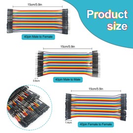 RGBZONE 120pcs 15CM Multicolored Dupont Wire 40-pin Male to Male, 40 pin Male to Female, 40pin Female to Female Solderless Breadboard Jumper Wires Ribbon Cables Kit for Arduino (3x15cm)