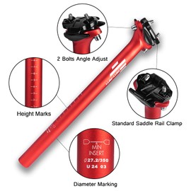 FIFTY-FIFTY Mountain Bike Seat Post, 27.2/30.9/31.6mm Aluminum Alloy Bicycle Seat Post, 350mm Length for MTB, Road Bike, E-Bike (31.6mm, Red)