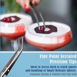 A2Z Professional Culinary Stainless Steel Precision Tongs with Angled Serrated Tips, Plating/Food Presentation Detailing Serving Garnishing Tongs, Chef's Kitchen Tweezer Tongs - Non-Slip Grip - 6"