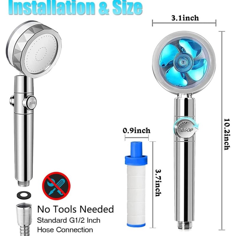 JJiaoLinin Water Saving Shower Head, 360 Degree Rotating Propeller Operated