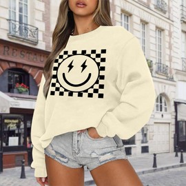 veufcyas Oversized Graphic Sweatshirts for Women Smile Face Sweatshirt Cute Crewnecks Pullover Casual Loose Long Sleeve Tees(Apricot,S)
