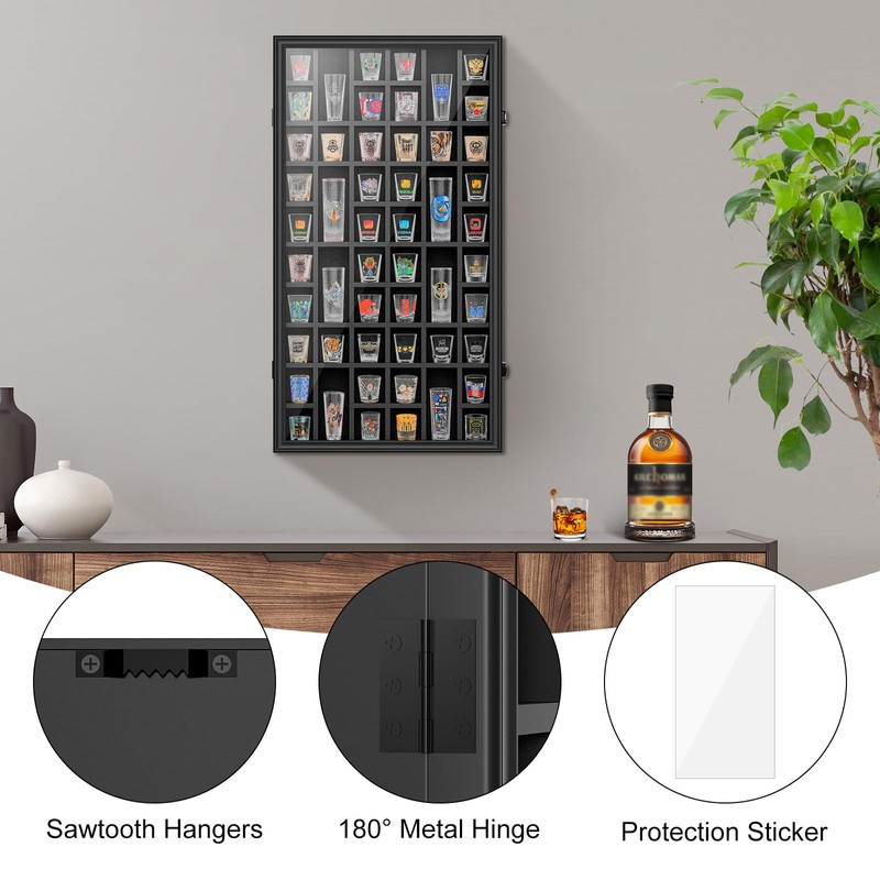Shot Glass Display Case, 52 Slots Lockable Wall Mounted Shadow