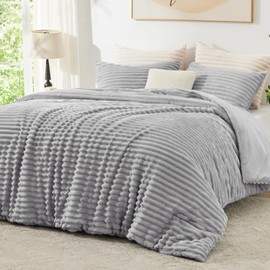 EXQ Home Fluffy Comforter Set King Size - Super Soft Faux Fur Stripe Jacquard Comforter 3 Pieces, Light Gray Fleece Bedding Set,Winter Warm Bed Set,1 Comforter with 2 Pillowcases